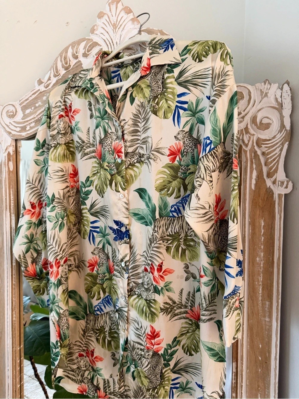 Zara Satin like Tropical Jungle Leopard Tiger Print Silk Button-Up Shirt Tropic
